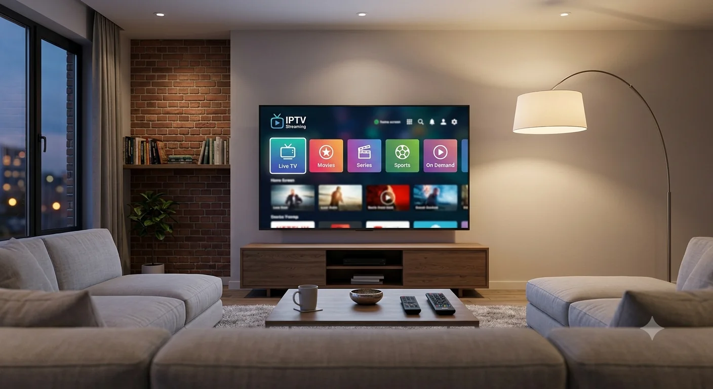 Living room television showing an illustrative IPTV player interface
