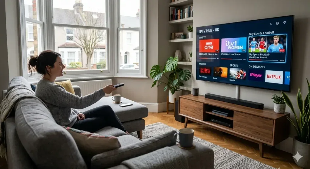 Viewer using a remote to navigate an illustrative smart television interface