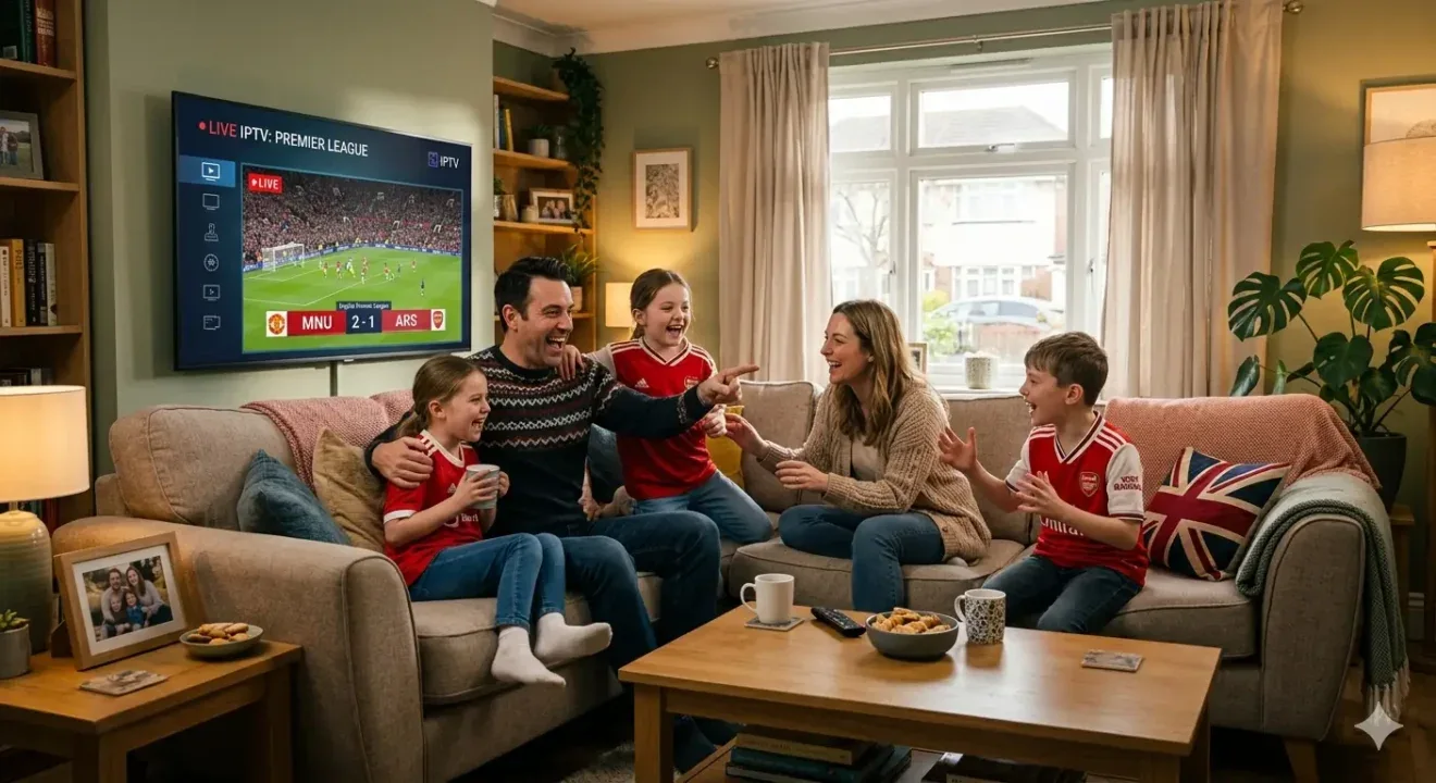 Family watching an illustrative football programme together in a UK living room